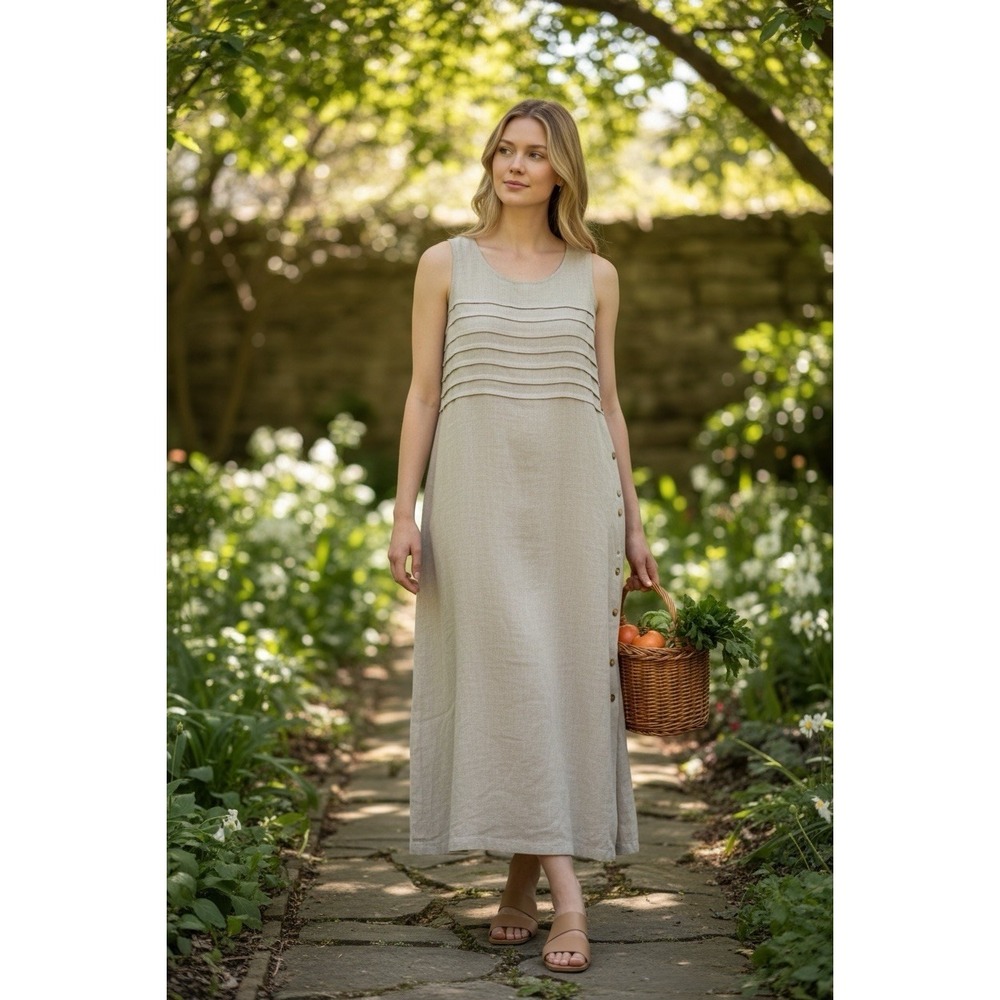 Erika Collection Linen Blend Sleeveless Midi Dress Beige Button Detail Size M